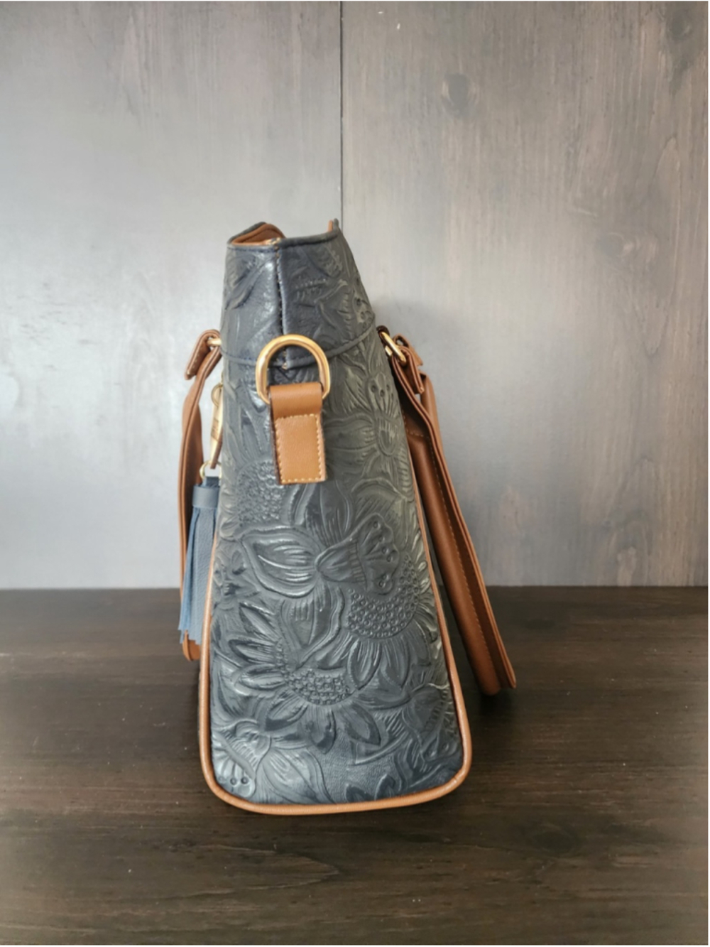 Sunflower Marine NAVY Blue Brown Embossed Tooled Artisan LEATHER Purse Handbag - Picture 7 of 16